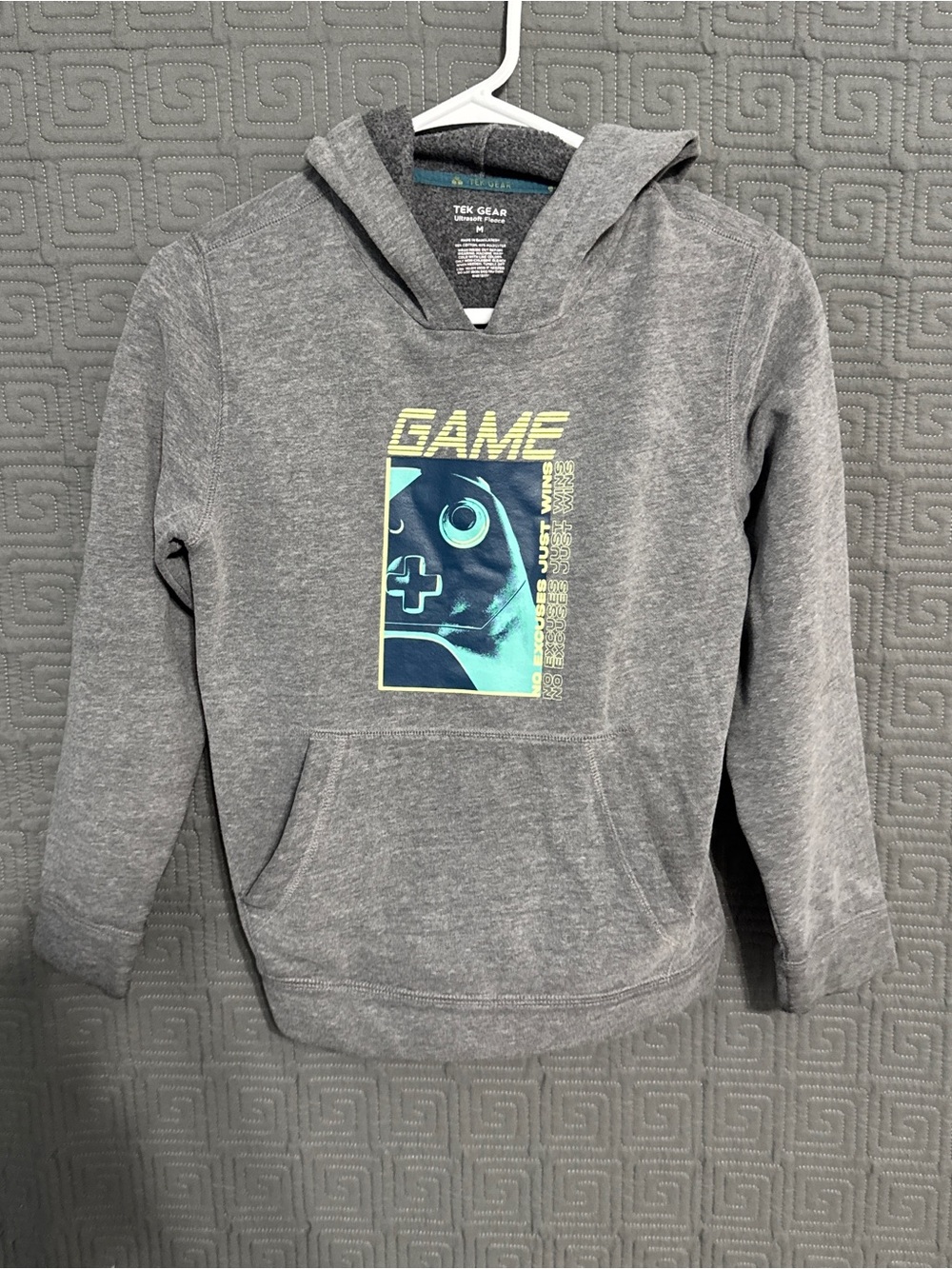 Tek Gear Boys Medium Hoodie Gray Fleece Gaming Graphic No Excuses Just Wins M